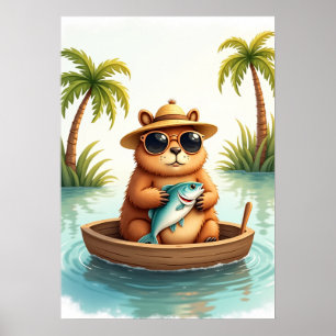 Mürrisches Capybara beim Fischen in seinem Boot - Poster