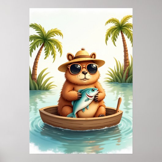 Mürrisches Capybara beim Fischen in seinem Boot - Poster (Vorne)