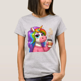 Mürrisches Einhorn braucht Kaffee Cartoon T-Shirt