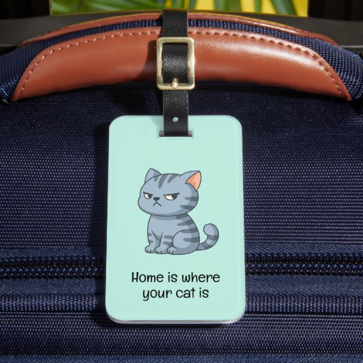 Mürrisches Grau-getigertes Katzen-Zitat Grün Gepäckanhänger (Vorderseite Insitu 2)