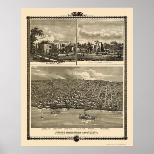 Muscatine City, IA Panoramakarte - 1875 Poster (Vorne)