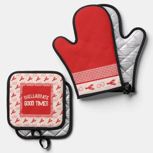 Muschel abrate Good Times Lässig Seafood Gingham Ofenhandschuh & Topflappen-Set (Vorderseite/Rückseite)