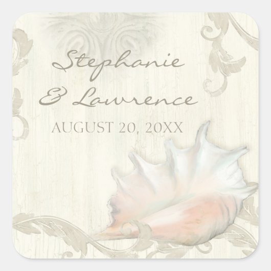 Muschel am Strand Holz Hochzeitsfest Brautparty Quadratischer Aufkleber (Vorderseite)