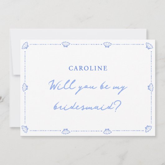 Muschel an der Küste Schick Border Blue Bridesmaid Karte (Vorderseite)