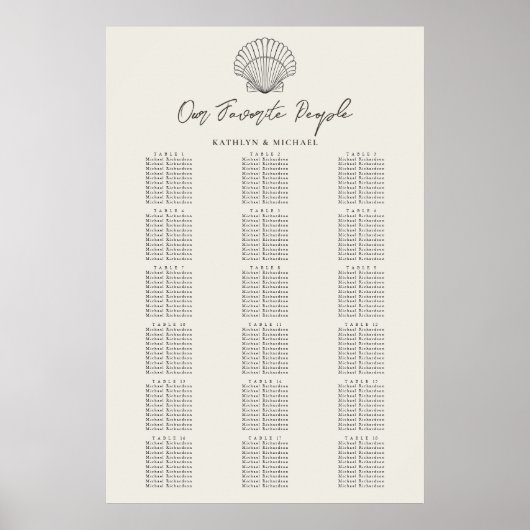 Muschel Beach Coastal Hochzeit 18 Tischkarten Poster (Vorne)