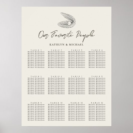 Muschel Beach Ocean Wedding 12 Table Seating Chart Poster (Vorne)