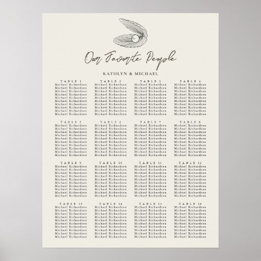 Muschel Beach Ocean Wedding 16 Table Seating Chart Poster (Vorne)