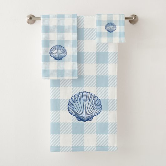 Muschel Blau Karo Gingham Muster Badehandtuch Set (Insitu)