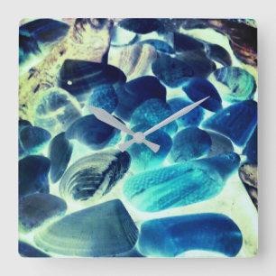 Muschel der Austern, Farbe blau in grau Quadratische Wanduhr