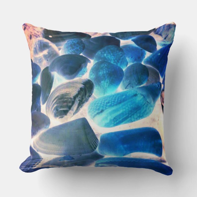 Muschel der Austern im Meer, Farbe in Blau in Lach Kissen (Vorderseite)