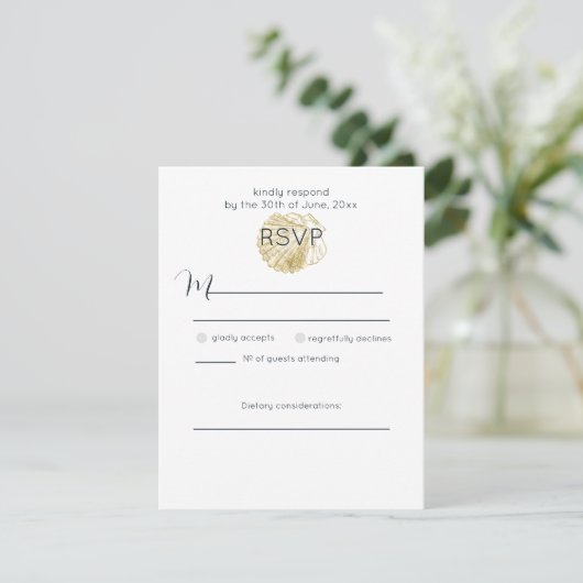 Muschel des Goldenen Meeres und Tief Preußen Blau RSVP Karte (Stehend Vorderseite)