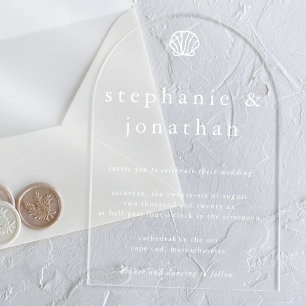 Muschel Küstenstrand Weiß Minimale Hochzeit Acryleinladungen