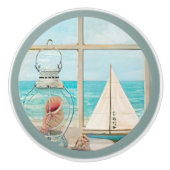 Muschel Lantern Window Segelboot am Strand Aquarel Keramikknauf (Vorderseite)