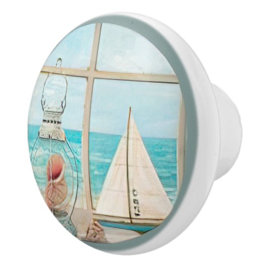 Muschel Lantern Window Segelboot am Strand Aquarel Keramikknauf (Rechts)
