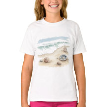 Muschel- und Sand-Wasserfarben-Strandtote-T-Shirt 