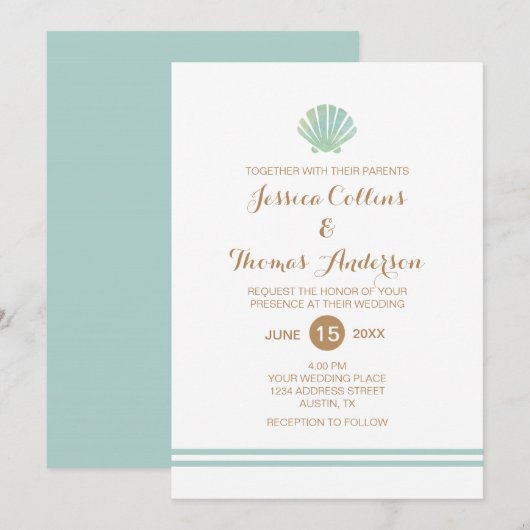Muschel Watercolor Aqua Wedding Invitation Card Einladung (Vorne/Hinten)