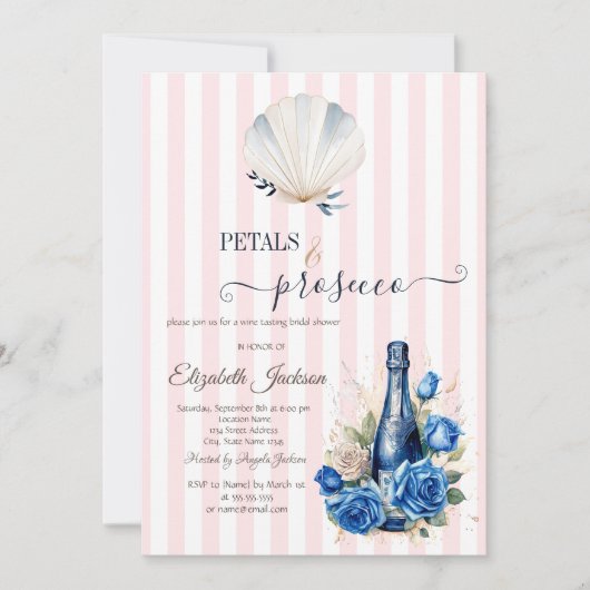 Muschelblütenblätter & Prosecco Rosa Gestreift Einladung (Vorderseite)