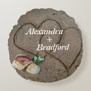 Muscheln & 2 Herz am Strand, Hochzeitskissen nach Rundes Kissen