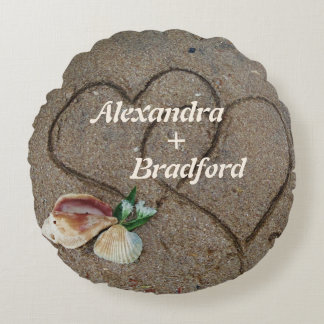 Muscheln & 2 Herz am Strand, Hochzeitskissen nach Rundes Kissen