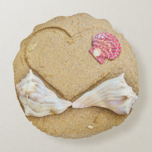 Muscheln & 2 Herz am Strand, Hochzeitskissen nach Rundes Kissen
