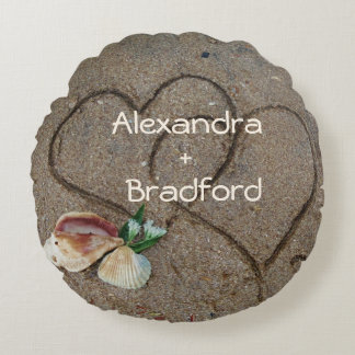 Muscheln & 2 Herz am Strand, Hochzeitskissen nach Rundes Kissen