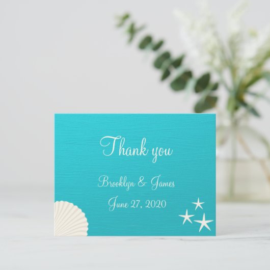 Muscheln am Strand Hochzeit Danke Postkarten (Stehend Vorderseite)