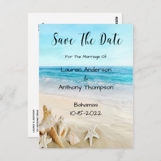 Muscheln am Strand Hochzeiten Save the Date Postkarte (Vorne/Hinten)