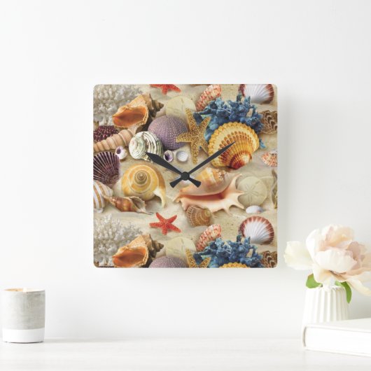 Muscheln am Strand Quadratische Wanduhr (Zuhause)