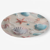 Muscheln am Strand, Starfish & Seepferde Rosa Sand Pappteller (Schrägansicht)