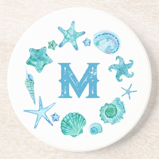 Muscheln an der Küste und Starfish Mit Monogramm Getränkeuntersetzer (Vorne)
