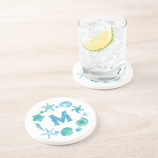 Muscheln an der Küste und Starfish Mit Monogramm Getränkeuntersetzer (Seite)