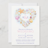 Muscheln Aquarellherz Hochzeit rosa Einladung (Vorderseite)