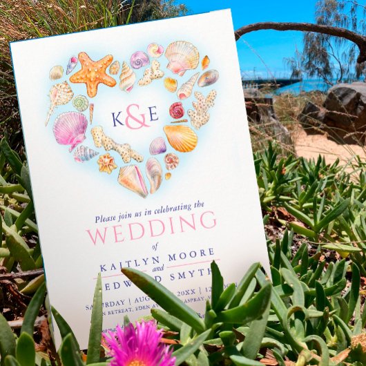 Muscheln Aquarellherz Hochzeit rosa Einladung