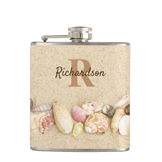 Muscheln Beach Monogram Coastal Flachmann (Vorderseite)