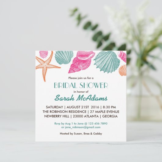 Muscheln Beach Thema Bridal Dusche Einladung (Stehend Vorderseite)