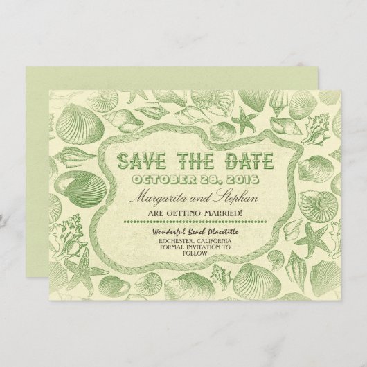 Muscheln Hochzeit am grünen Strand Save the Date Einladung (Vorne/Hinten)