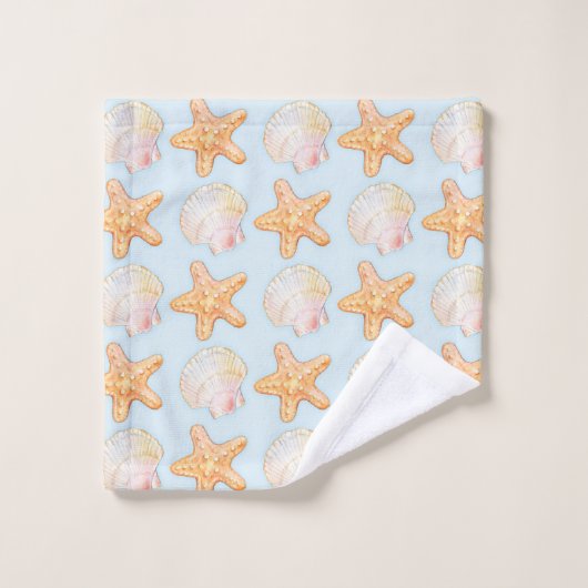 Muscheln in Aquarellfarben und Set mit Seesternbad (Waschlappen)