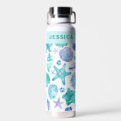 Muscheln in Blau und Weiß an der Küste Trinkflasche (Rückseite)