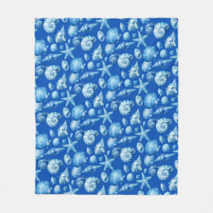 Muscheln. Maritim. Blau Kobalt. Fleece-Decke Fleecedecke