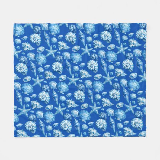 Muscheln. Maritim. Blau Kobalt. Fleece-Decke Fleecedecke (Vorderseite (Horizontal))