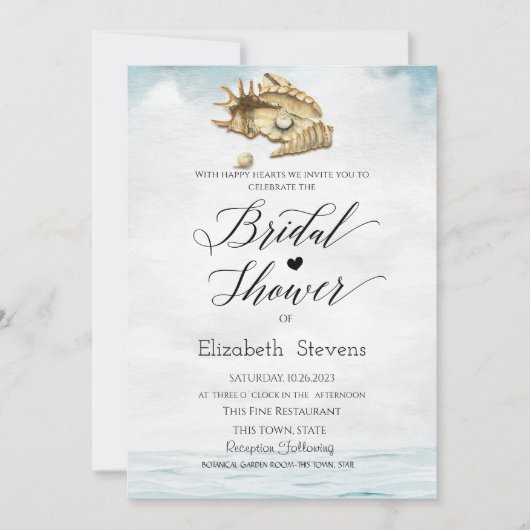 Muscheln, Meer, Script-Brautparty Einladung (Vorderseite)