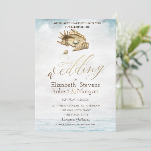 Muscheln, Meer, String Lights Einladung (Stehend Vorderseite)