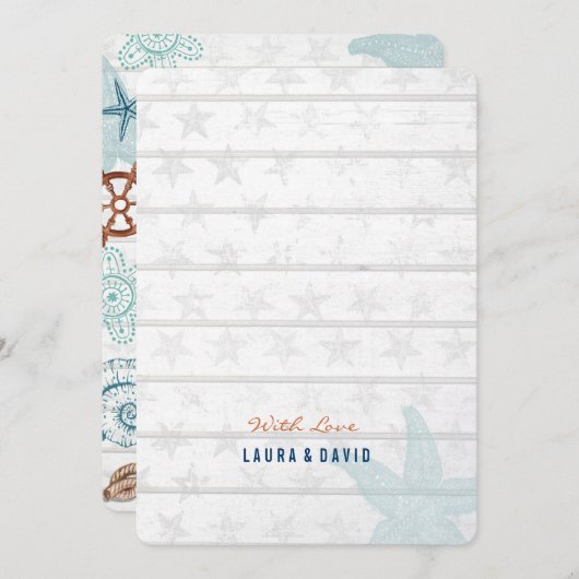 Muscheln mit blauem Strand und Hochzeitsfeiern Einladung (Vorne/Hinten)