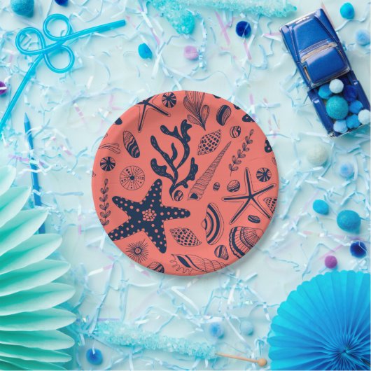 Muscheln mit Korallenhintergrund Pappteller (Party)