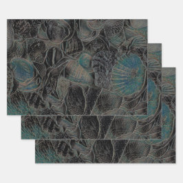 Muscheln Ocean Beach Aquamarin Black Art Decoupage Geschenkpapier Set