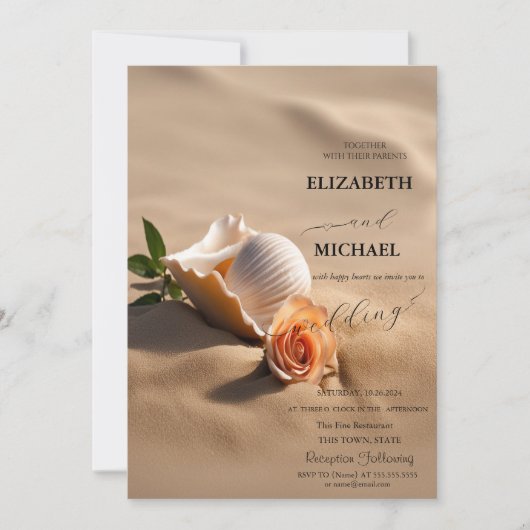 Muscheln Rose Sand Hochzeit Einladung (Vorderseite)