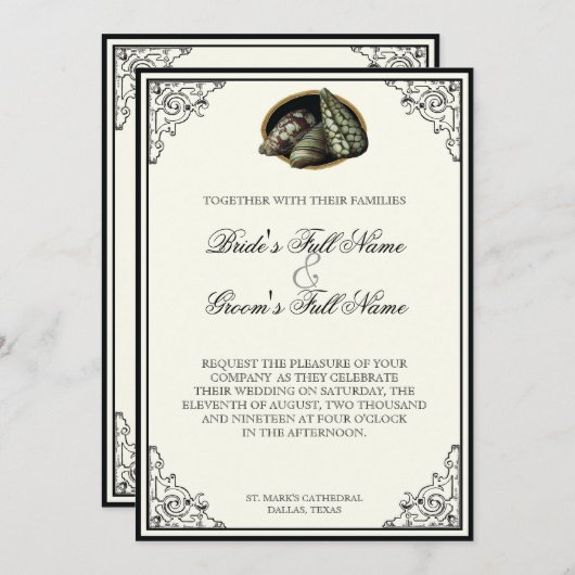 Muscheln Schwarz und Creme - Einladung zur Hochzei (Vorne/Hinten)