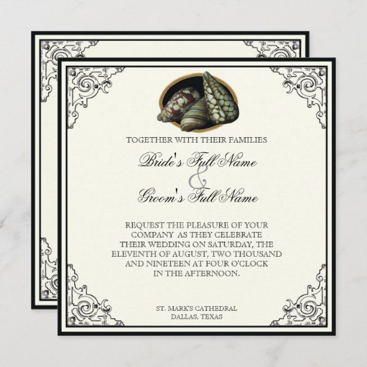 Muscheln Schwarz und Creme - Einladung zur Hochzei (Vorne/Hinten)