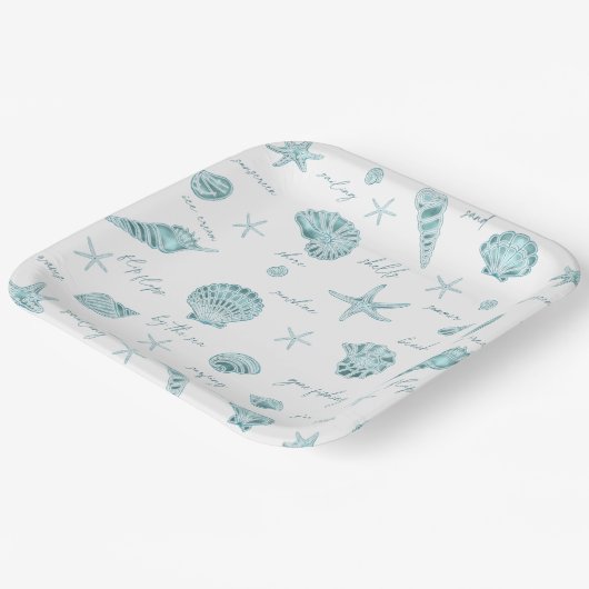 Muscheln Starfish Sun Fun Text Aquamarin ID918 Pappteller (Gewinkelt)