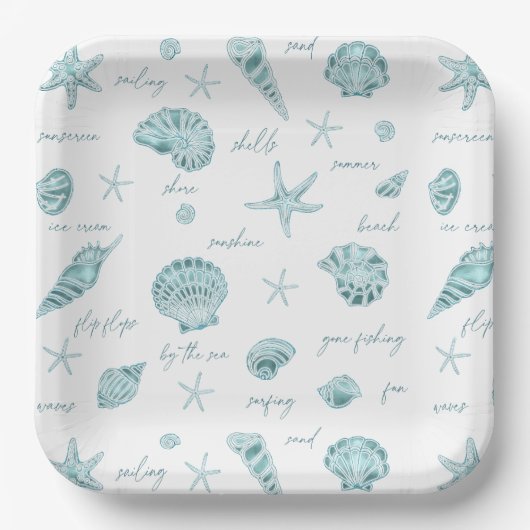 Muscheln Starfish Sun Fun Text Aquamarin ID918 Pappteller (Vorderseite)